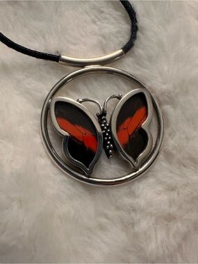 Real Butterfly Wings in Silver Pendant With Rope Necklace Vintage HSN
